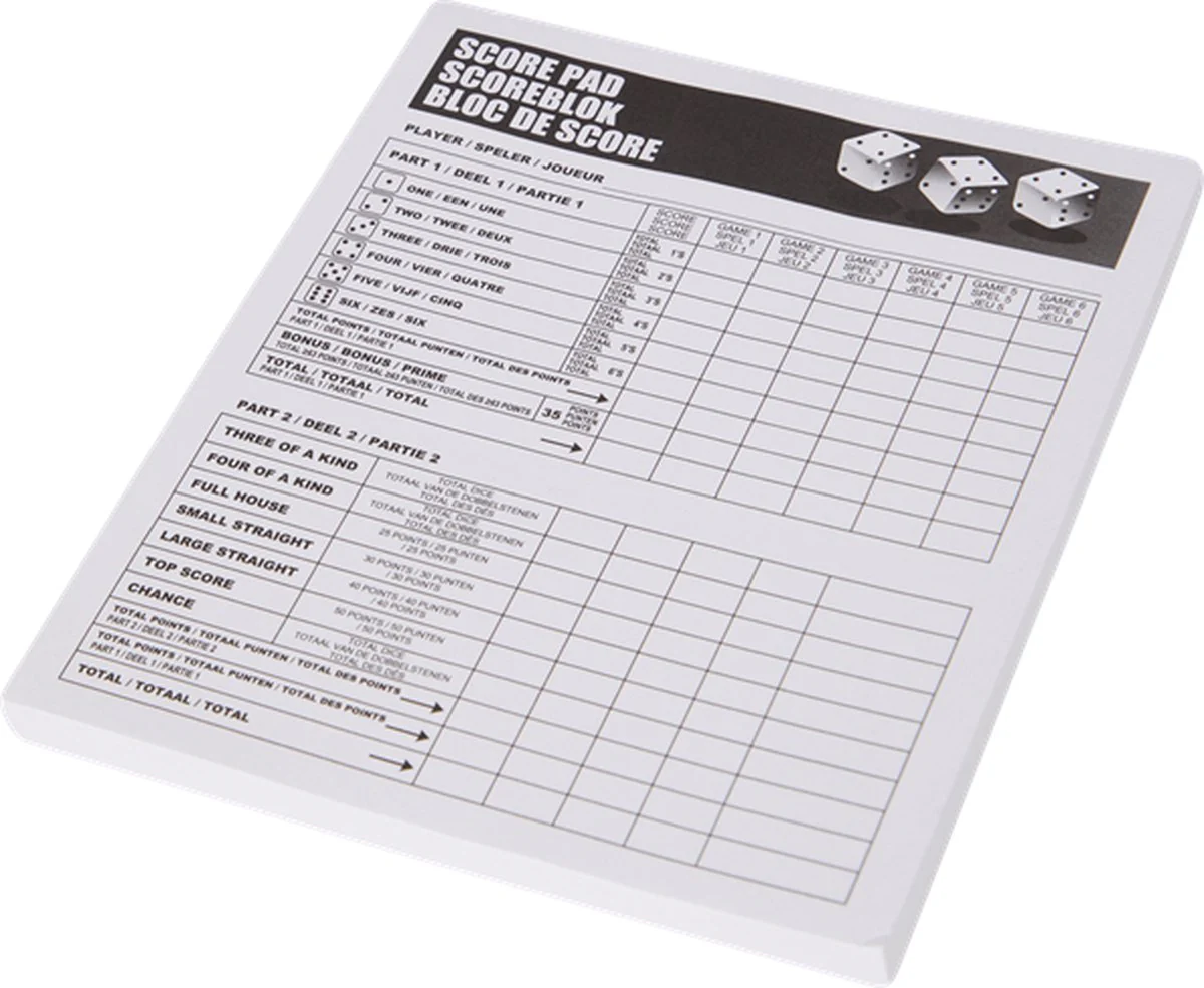 Yahtzee set - Scoreblok & 10 dobbelstenen