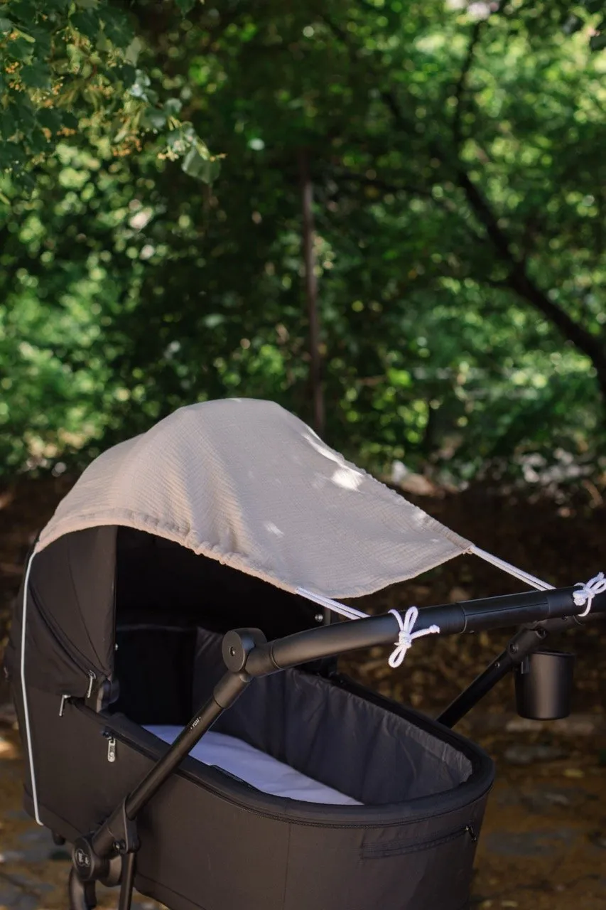Zonnekap voor kinderwagen van mousseline – Beige - Afbeelding 3