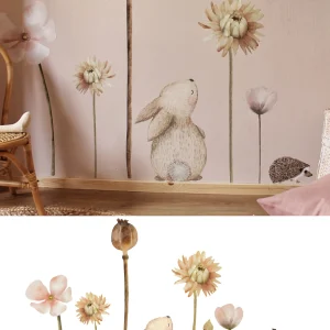 Muurstickers | Gemixte bloemen set met konijn en egeltjes