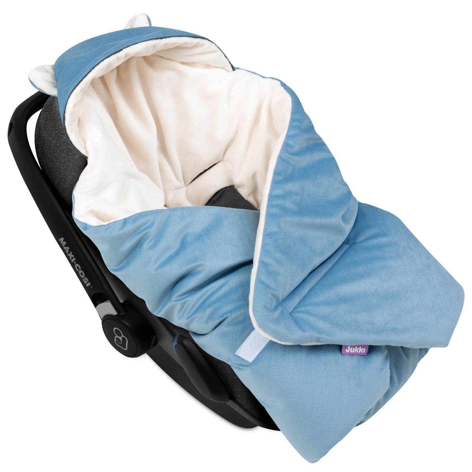 Deken met kap en oren voor autostoel – Ecru Plush & Denim Velvet - Afbeelding 2