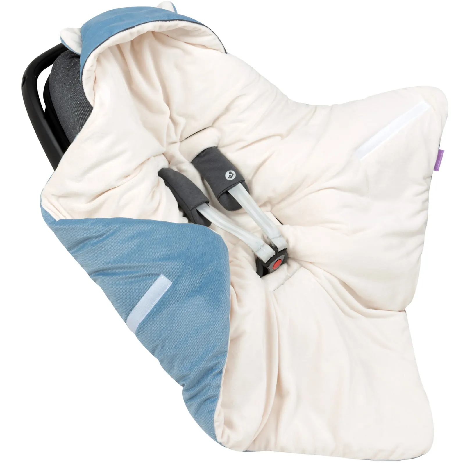 Deken met kap en oren voor autostoel – Ecru Plush & Denim Velvet - Afbeelding 3